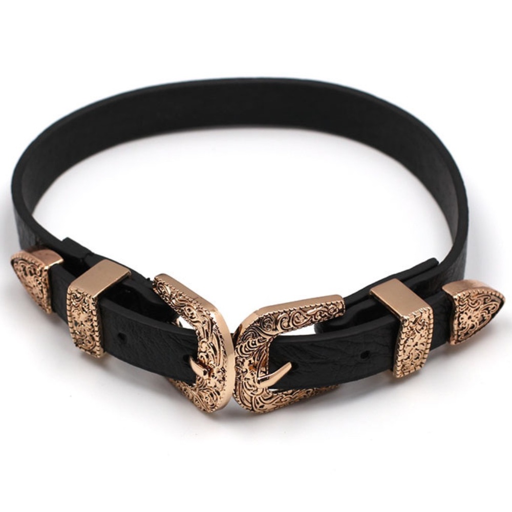 Cowgirl Buckle Black Faux Leather Choker Necklace Western Festival Jewelry - Picture 2 of 7